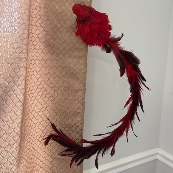 Pier 1 Imports 20" Red & Black Feather Peacock Christmas Tree Clip Ornament GUC - Picture 2 of 3